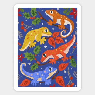 Colourful Christmas Geckos with Holly on Bright Blue Magnet